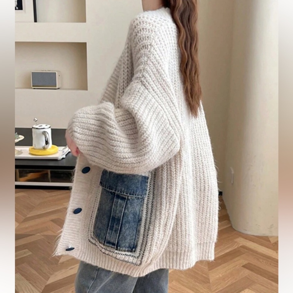 Cozy Knit Cardigan with Denim Pockets